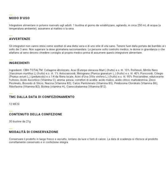 COLLAGENE SKINAIL - Integratore alimentare per pelle, capelli e unghie 30 bustine da 21 grammi | Con complesso esclusivo CBH-TOTAL