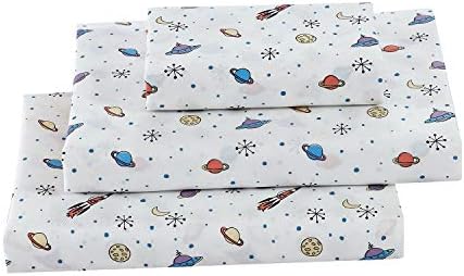 Softan Full Bed Sheet Set for Girls Boys, 4 PC Space Adventure Printed Brushed Microfiber Kids Bedding Set, 1 Flat Sheet,1 Deep Pocket Fitted Sheet & 2 Pillow Cases, Breathable & Extremely Soft Sheet