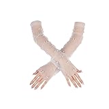 Livresse White Lace Sheer Gloves,Bridal Accessories with Pearls for Wedding, Fingerless Gloves, Long Elbow Wedding Armwear for Tea Opera Party and Hallowmas Costume