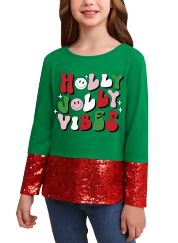 BesserBay Girls Christmas Printed Sequin Patchwork Long Sleeve Shirt 4-12 Years