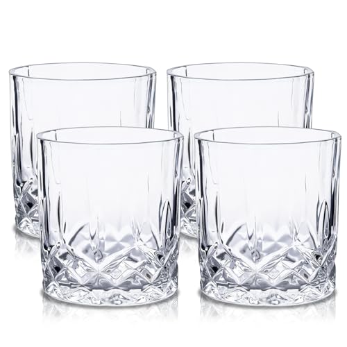 Raisaplin Whiskey Glasses Set of 4, 300ml/ 11oz Crystal Old Fashioned Heavy Freezable Rocks Barware Scotch Bourbon Whiskey Tumblers Snifter for Cocktail Drinks Rum Cognac Vodka Liquor Bar Gifts