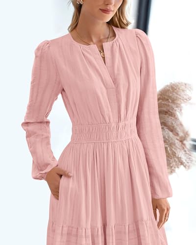 BTFBM Fall Dresses for Women 2025 Casual Long Sleeve V Neck Elastic Waist Lightweight Maxi Wedding Guest Dress Pockets