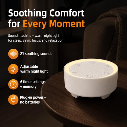 Image of Kipcush White Noise Machine for Sleeping, Baby & Adults, High-Fidelity Non-Looping Sounds, Sleep Sound Machine with Dimmable Night Light, USB Powered, Memory Function, Home, Nursery & Travel