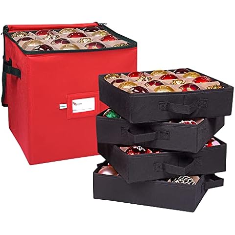 Primode Holiday Ornament Storage Box, 4 Layers, Fits 64 Ornaments Balls, Constructed of Durable 600D Oxford Material Red Cover
