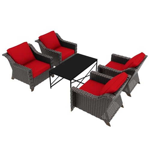 Image of 5 Piece Patio Furniture Set, Wicker Outdoor Conversation Set | Patio Chair Set with Olefin Removable Cushion, All-Weather Armchair Set with Deep Seat for Porch, Deck and Backyard, Red