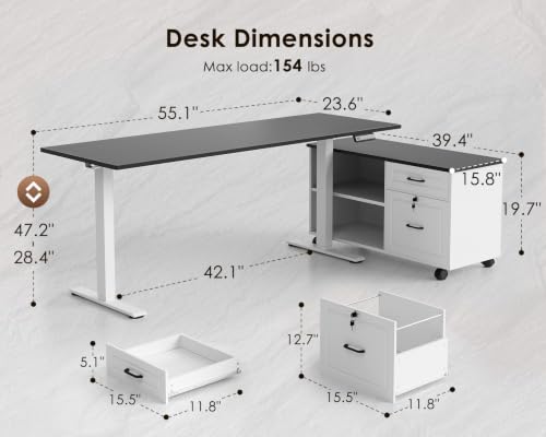 Image of OffiGo 55 Inch L Shaped Electric Standing Desk with Drawers & File Cabinet Sets, Executive Sit Stand Desk, Height Adjustable Computer Desk for Home Office, Writing, Workstation, Black+White