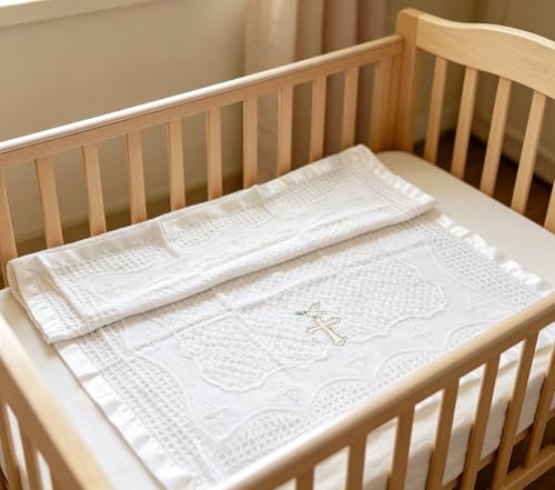 Image of Baptism Blanket Christening Gifts for Girl Boys Soft White Knitted Shawl Receiving Crochet White Baby Blankets Towel for Neutral Newborns Toddler