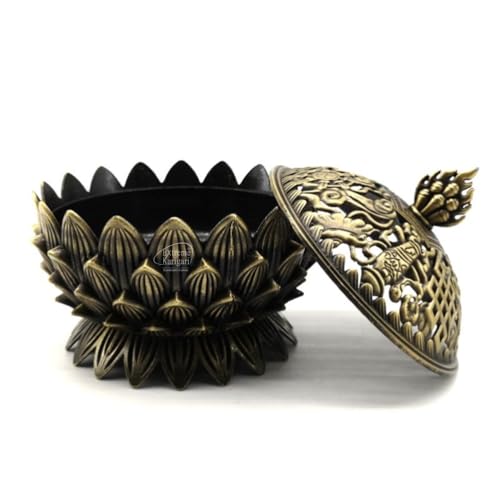 Image of Lotus Incense Burner, Bronze, Metal, 10cm x 10cm, Tibetan Style, with Lid, Dhoop Batti, Dhuni Holder for Temple and Home
