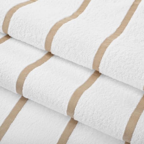 Image of Casa Copenhagen Pack of 2 Cabana Pool XL Towels for Bath Cotton Rough and Tough Use,70 x 140 cm Colour : White Beige Stripe