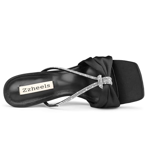 Zzheels Rhinestone Bow Heels Square Toe Slip On Mules Clear Chunky Heels Daily Dress Sandals Black US92