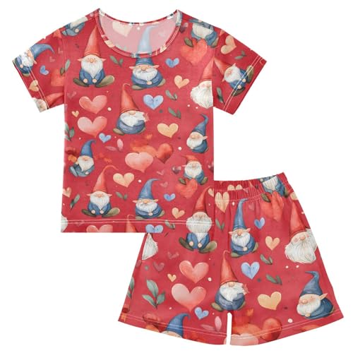 ALAZA Gnome Love Heart Christmas Pajamas Set Short Sleeve Cotton Sleepwear Summer Pjs 2 Piece 5-14Y
