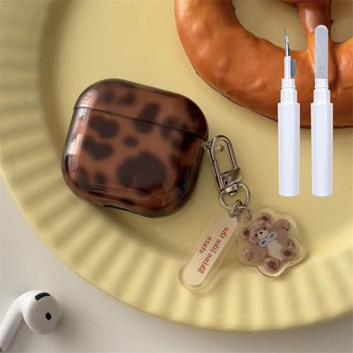 Reownest Custodia per AirPods 4ª Generazione con Kit di Pulizia, Design Estetico con Carino Motivo Leopardato Ambra Cover con Portachiavi Antigraffio per Cuffie Morbida – Marrone
