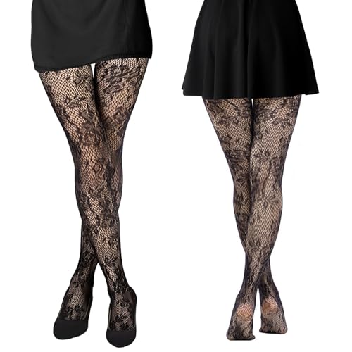 HZHSGLY 2PCS Black Lace Tights Floral Patterned Tights High Waist Fashion Fishnet Stockings for Woman Ladies (Flower + Heart shape)