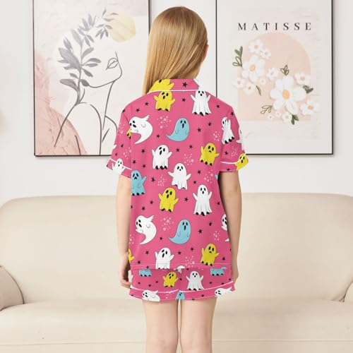 Satin Pajama Sets Short Sleeve Cute Stars Colorful Ghosts Button Down Silky Nightwear 2 Piece PJS 5-14Y4