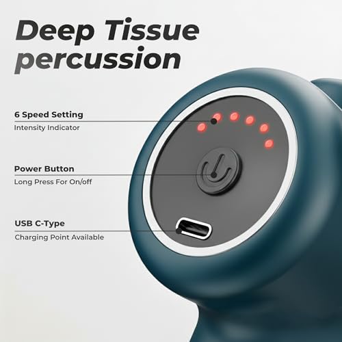 Image of Durafit91 PULSE PRO Handy Deep Tissue Massage Gun for Full-Body Pain Relief, Rechargeable and Cordless with Lithium Battery | 6 Speed Intensities (Low to High) | Includes 4 Interchangeable Massage Heads for Various Muscle Relaxation Needs (Neck, Shoulder, Back, and Foot) for Men and Women | Suitable for Use at Home, the Gym, and During Travel (Purple)