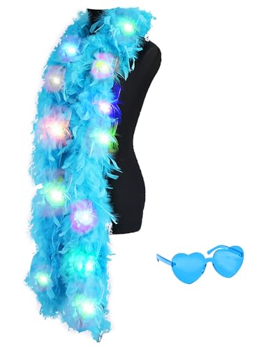 JIANGLAI Colorful Feather Boas 6.6ft Boa with 20 Color LED Lights for Women for Dancing Wedding Party Halloween with Heart Sunglasses (Blue)