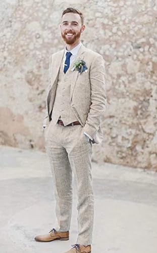 Yarizm Retro Linen 3 Pieces Suit Vintage Retro Wedding Prom Suits Slim Fit Jacket Blazer Groom Tuxedos3