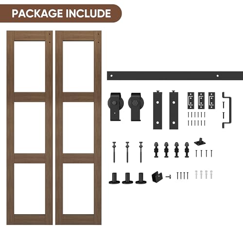 JUBEST Bifold Glass Barn Door, 32Inch Bi Fold Sliding Barn Door Kit with Hardware Include, 3-Panel Glass Barn Door Slab, Solid Wood Barn Door with MDF & Water-Proof PVC Surface, Brown by JUBEST - Image 6
