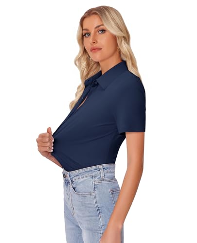 Image of siliteelon Womens Button Down Shirt Slim Fit Stretch Short Sleeve Dress Shirt Wrinkle Free Collared Business Work Blouse Top