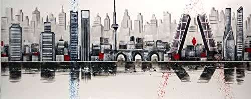 Cuadroexpres - Cuadro Pintado Perfil de Madrid Abstracto 150x60 cm 100% Original. Torres Kio, El pirulí, el Manzanares.