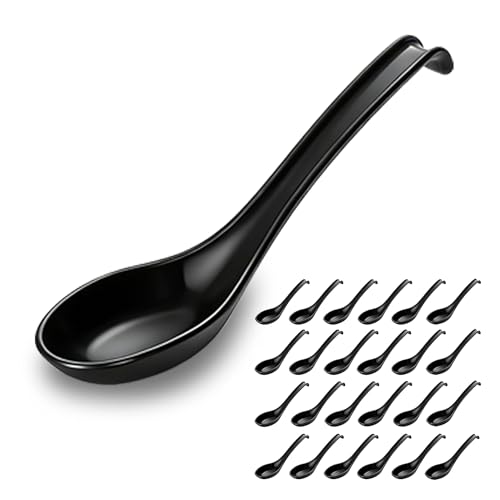 Kyraton Asian Soup Spoon Set of 24 with Long Handle Easy to Hold, Unbreakable Plastic Japanese Spoon for Ramen, Chinese and Vietnamese Wonton, Pho Dumpling Miso, Rice, Soba, Noodle Soup Spoons