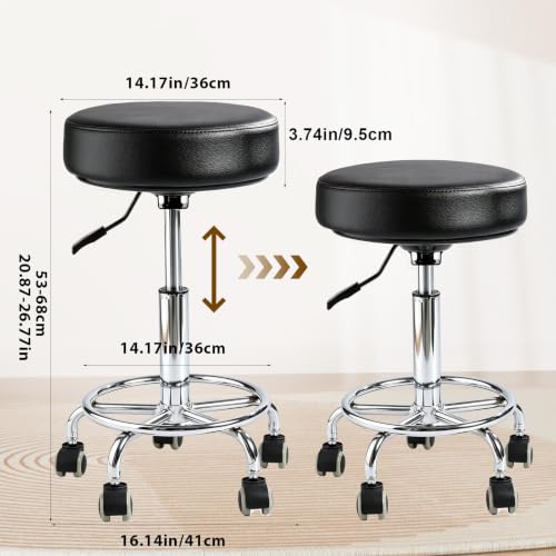 Image of Rolling Stool with Wheels - 500lbs,Thick 9.5cm Cushion, Height Adjustable | PU leather|Swivel silent rubber casters|Foot pedal ring|space-saving|For Drafting salon tattoo clinic garage home office