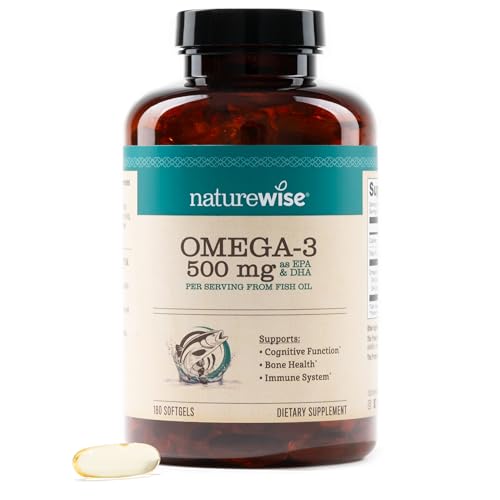 NatureWise Omega 3 Fish Oil - 500 mg per Pill - EPA & DHA - Immune Support, Brain Health & Optimal Wellness - Gluten and Soy Free, Non-GMO - 180 Softgels[6-Month Supply]