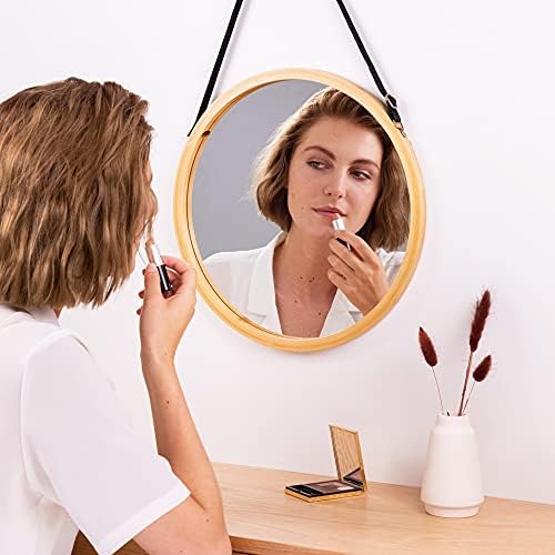 Navaris Round Hanging Mirror - Small Bamboo Wall-Mounted Contemporary Modern Design Mirror with Adjustable Strap for Living Room, Bedroom, Hallway