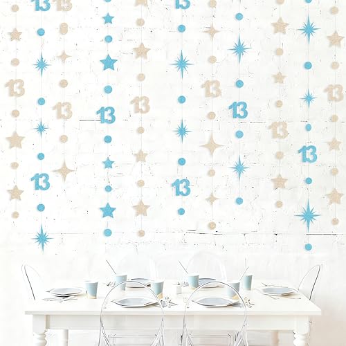 Image of Champagne Gold Blue 13th Birthday Decorations Number 13 Circle Dot Star Garland Streamer Banner Backdrop for Girls Boys Official Teenager Cheers to 13 Years Old Happy 13th Birthday Party Supplies