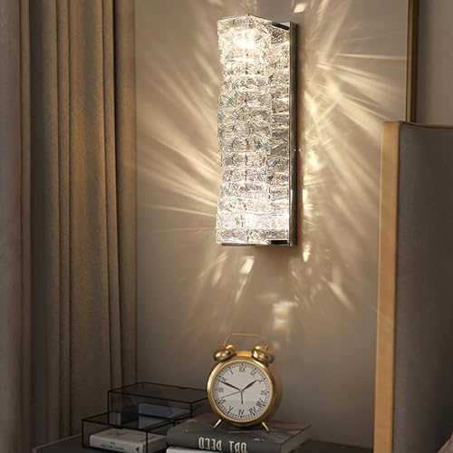 Image of LED Crystal Wall Sconce Silver Crystal Bathroom Vanity Light Fixtures with 3 Color Temperature, Indoor Dimmable Wall Mount Light for Bedroom Living Room,Set of 2