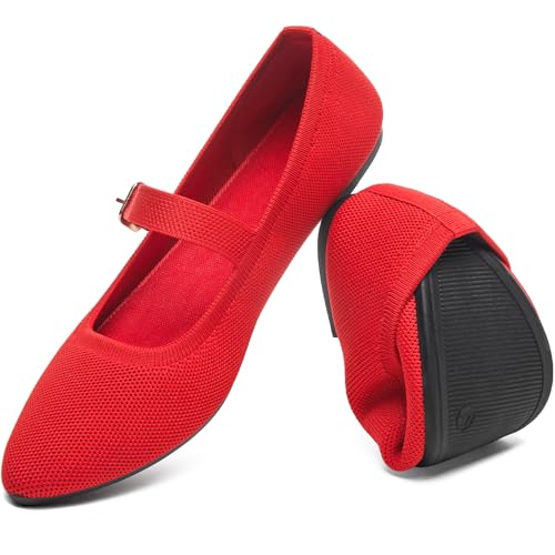 Image of Women's Ballet Flat Mary Jane Flats Slip on Laides Dress Flats with Strap | Mary Janes Flats, Breathable knit, Adjustable buckle strap, Pointed toe, Soft & lightweight, Perfect for office & daily wear