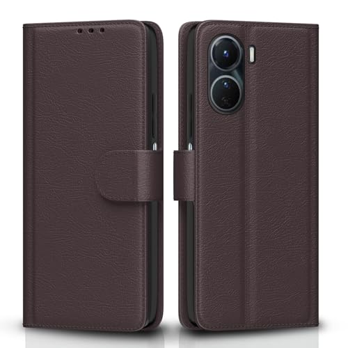Image of Pikkme Vivo Y16 Flip Case Leather Finish | Inside TPU with Card Pockets | Wallet Stand and Shock Proof | Magnetic Closing | Complete Protection Flip Cover (Coffee)