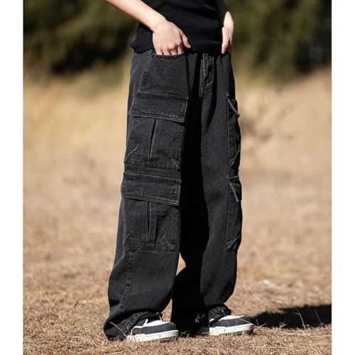 Mens Cargo Jeans Hip Pop Loose Fit Straight Leg Denim Pants4