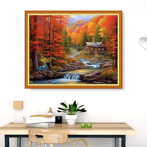 Image of Dimensean Stamped Cross Stitch Kits Full Range of Embroidery Patterns Starter Kits for Beginners Adult DIY Cross Stitches Needlepoint Kits 11CT-Autumn Creek 16x20 inch