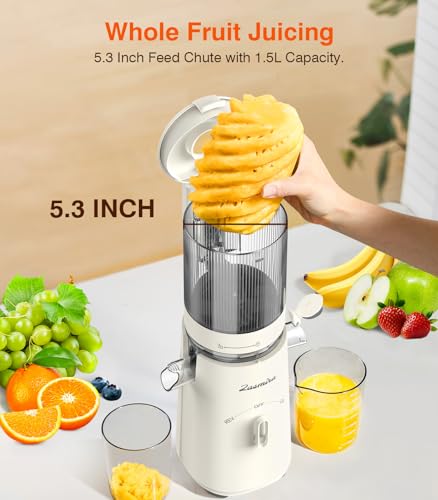 Cold Press Juicer, Zasmira Juicer Machines with Large Feeding Chute, Powerful Slow Juicer with Pulp Seperation, 99.6% Juice Purity, Easy to Clean, White