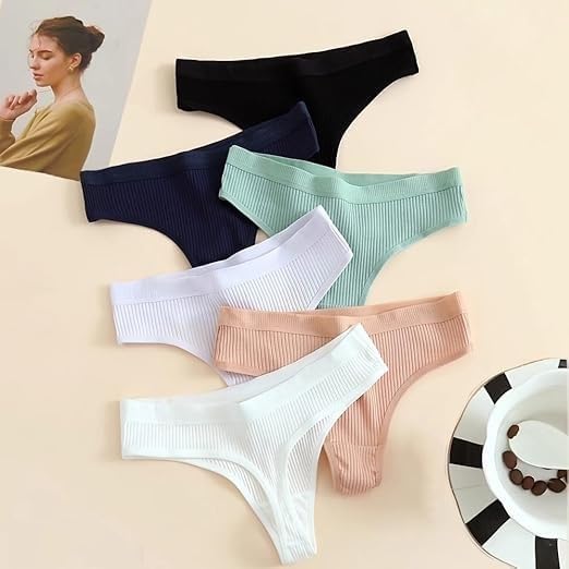 Image of LOURYN KOULYN Women's Panties Set - Multicolor Striped Cotton Thongs and G-Strings, Soft Breathable Underwear Briefs with Cozy Sports Style Design for Everyday Comfort