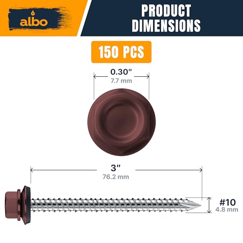 Image of ALBO 150 Pcs #10 x 3 Brown Ruspert-Coated Metal Roof Screws, EPDM Washers