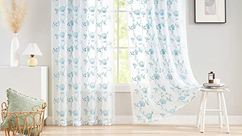 Image of Embroidery Sheer Curtains Blue 95 Inches, Floral Pattern Window Treatments Rod Pocket Drapes for Living room, Bedroom, Semi Voile Curtain Panels for Yard, Patio, Villa, Parlor, Set of 2, 52 inchx 95 inch.