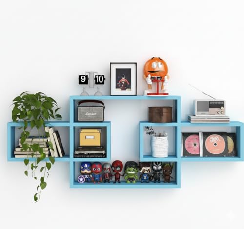 Image of Wooden Wall Shelves for Living Room, Bedroom Wall Mounted Rectangle Bookcase, Intersecting Wall Shelves for Storage Modern Decorative Display Shelves for Wall Decor (Blue)