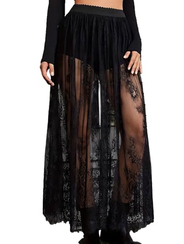 AIRRUMVE Women's Sheer Lace Maxi Skirt High Waist Sheer Mesh A Line Flowy Long Skirt2