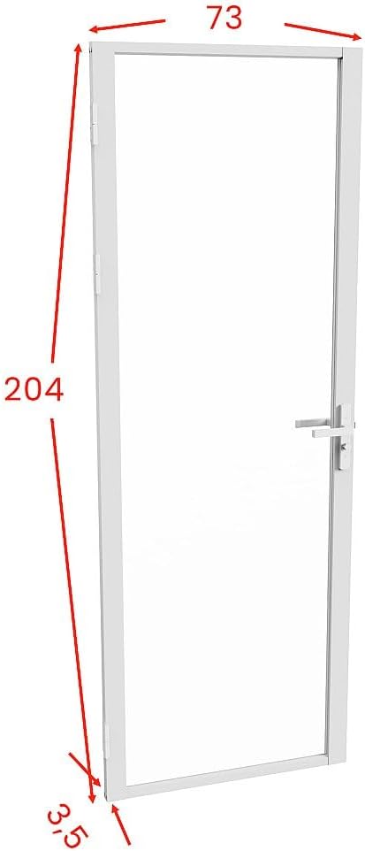 Diagram showing door panel dimensions: 204 cm height, 73 cm width, 3.5 cm depth