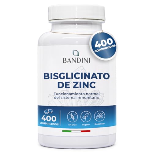 Bandini® Bisglicinato de Zinc 400 Comprimidos (13 Meses), Alta Dosis, Zinc Puro para Pelo, Piel, Uñas, Vista y Renforzar Sistema Inmunológico, Alta Absorción, Antioxidante Vegano, Sin Gluten y Keto