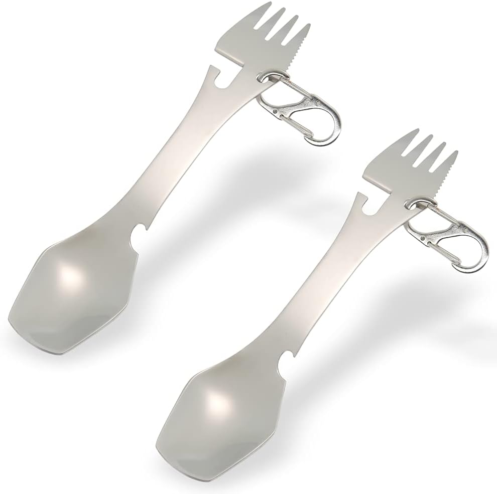 Stainless Steel Sporks Reusable Camping Utensils with Knife Spoon Fork Can Opener & Bottle Opener | 5 in1 Functional Multi Flatware for Camping, Hiking, Backpacking, Boating