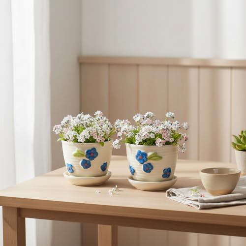 Image of Kraftlik Handicrafts Small Ceramic Planter with Attached Saucer | White Textured Mini Flower Pot for Succulents & Home Decor (Pack of 2)