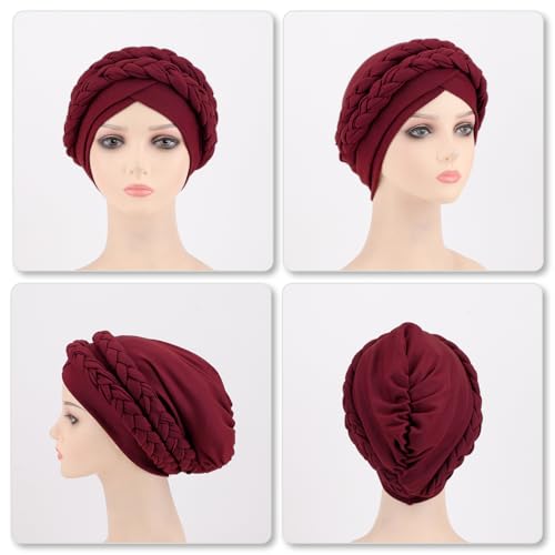 Image of DRESHOW African Women Turban Caps Cotton Beanie Twist Headscarf Pre-Tied Double Twisted Braids Wrap Hat Chemo Cancer Cap