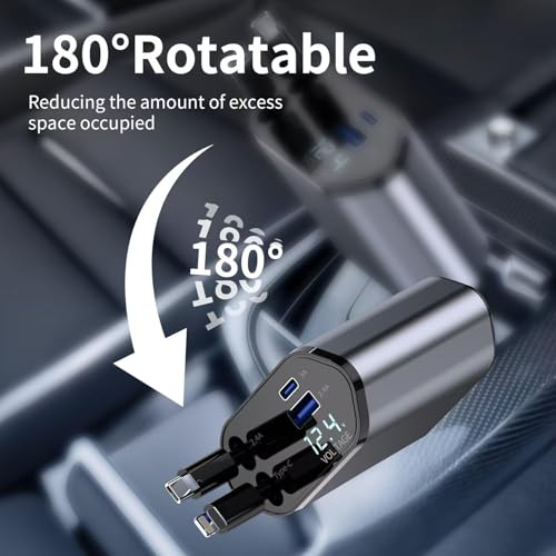 Image of 120W Fast Car Charger with Retractable Type-C Cable (80cm), 4-in-1 PD QC Car Adapter, Dual USB & Type-C Ports, 180 Rotatable with LED Voltage Display for All Smartphones & Tablets