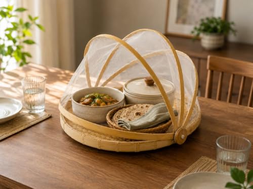 Image of Bamboo Storage & Serving Basket with Pop-Up Mesh Cover | Multipurpose Kitchen Organizer for Fruits, Vegetables & Bread | Dustproof Picnic Food Tray (1 Multipurpose Basket) premium Quality