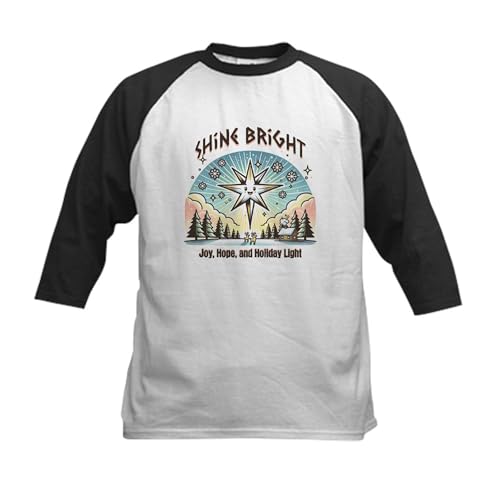 CafePress Shine Bright Christmas Kids Baseball T Shirt Kids Cotton Baseball Jersey, 3/4 Raglan Sleeve Shirt Black/White
