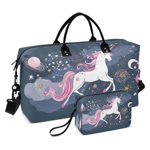 Weekender Bags Travel Duffel Gym Bag Unicorn Stars Planets Carry on Overnight Tote Bag with Toiletry Bag for Airplane Travel Trip Gym Yoga