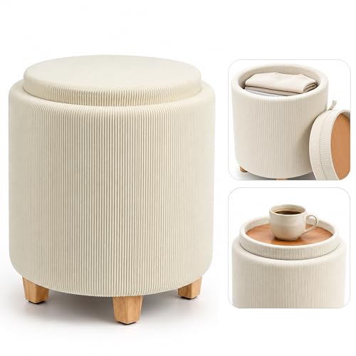 Zedelmaier Zylindrischer Cord Sitzhocker mit Stauraum rundSitzhocker mit Deckel Fußhocker mit AufbewahrungsboxPolsterhocker mit HolzbeinenCouchtisch32x38cm Beige